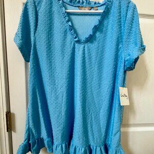 NWT LADIES SIZE XL CORAL BAY BLUE V-NECK SHORT SLEEVE RAISED DOT SHIRT BLOUSE